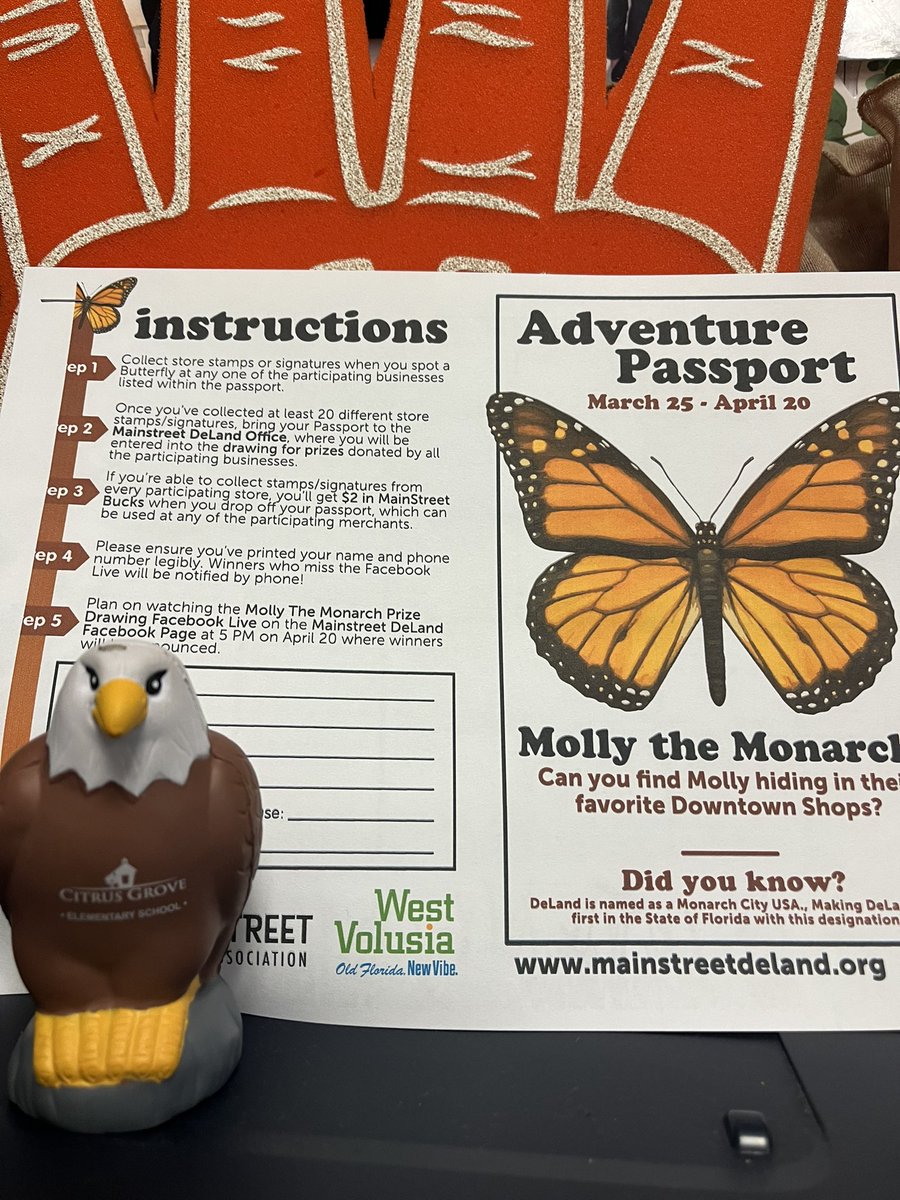 kmevans3's tweet photo. Get ready @MainStDeLand! These Eagles are headed your way from @CitrusGrove_VCS to search for Molly the Monarch 🦋 We didn’t forget about the butterfly wall or the sculptures, they are on the hunt in Florida’s 1st Monarch City USA! #cgeeagles #chasingbutterflies https://t.co/tFMqZsJqvV