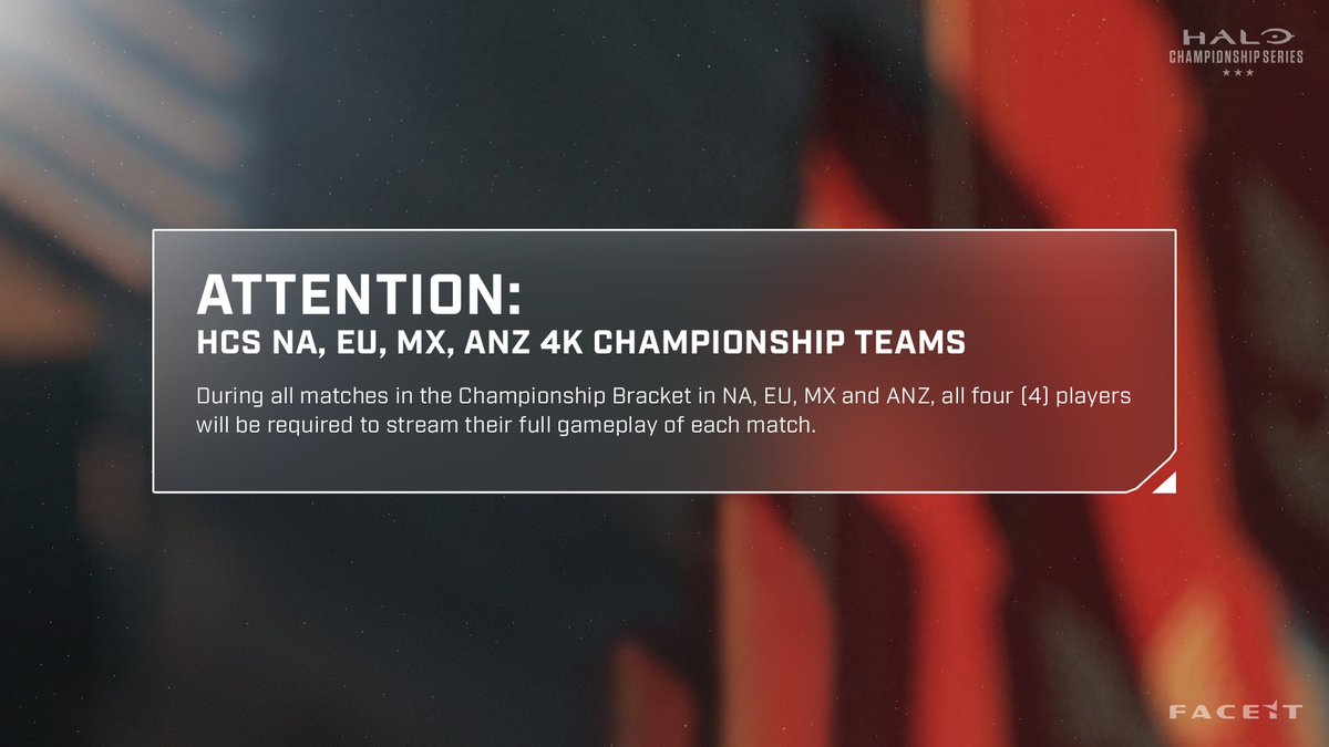 🟢🔵🔴🟡MX, NA, EU and OCE Players in the 4K Series!

All matches in the Championship Bracket for each region will required a live stream from each player.
