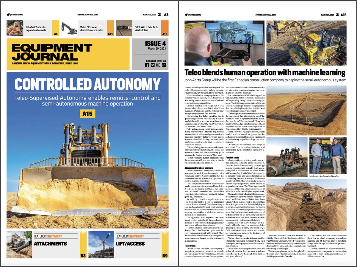 TeleoAI's tweet photo. Thrilled to be on the cover of @EquipJournal!
https://t.co/DkD5r7S31O
#supervisedautonomy #robotics #autonomous #heavyequipment https://t.co/GMVjpLvdKQ