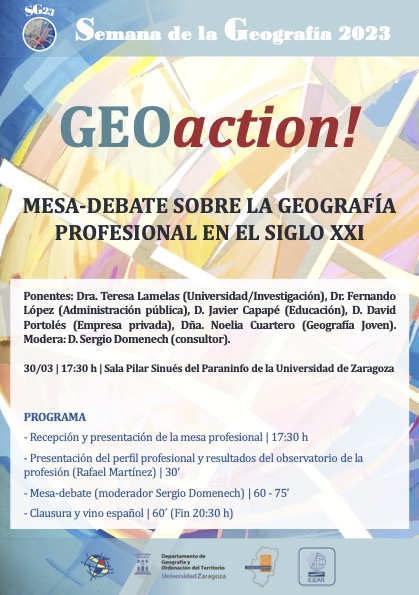 Geografia_UZ's tweet photo. #semanageografia 2023

 No os perdáis mañana la "mesa profesional" de la Geografía, con cinco ponentes de categoría con los que debatir sobre nuestra disciplina, su presente y su futuro. La cita es en el Paraninfo (sala Pilar Sinués)  a las 17,30.
@GeografosAragon, @AGE_Oficial https://t.co/HrhoqEqegP