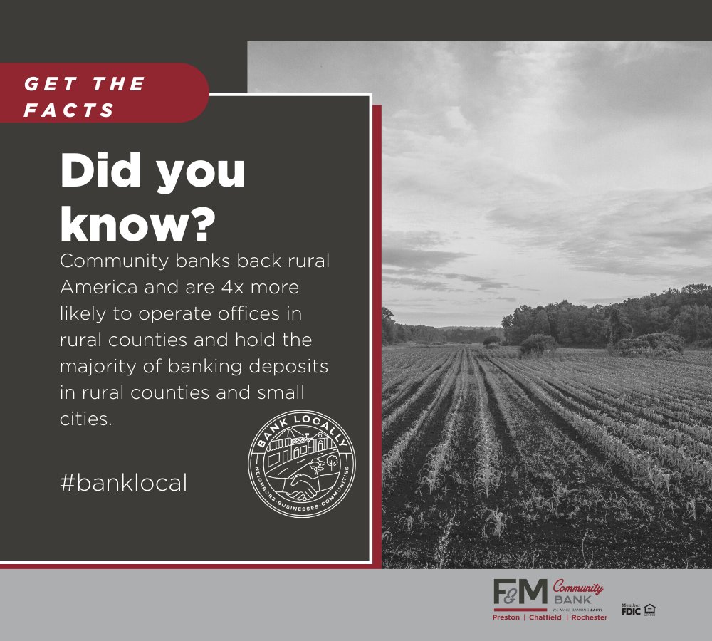 FUN FACT FRIDAY!

Community Banking Month Edition.

Community banks are typically found in rural and underserved urban areas where big banking conglomerates don't have a footprint. 

#FMcommunityBank #Banklocal #Banklocally #CommunityBankingMonth #funfactfridays #InvestLocally