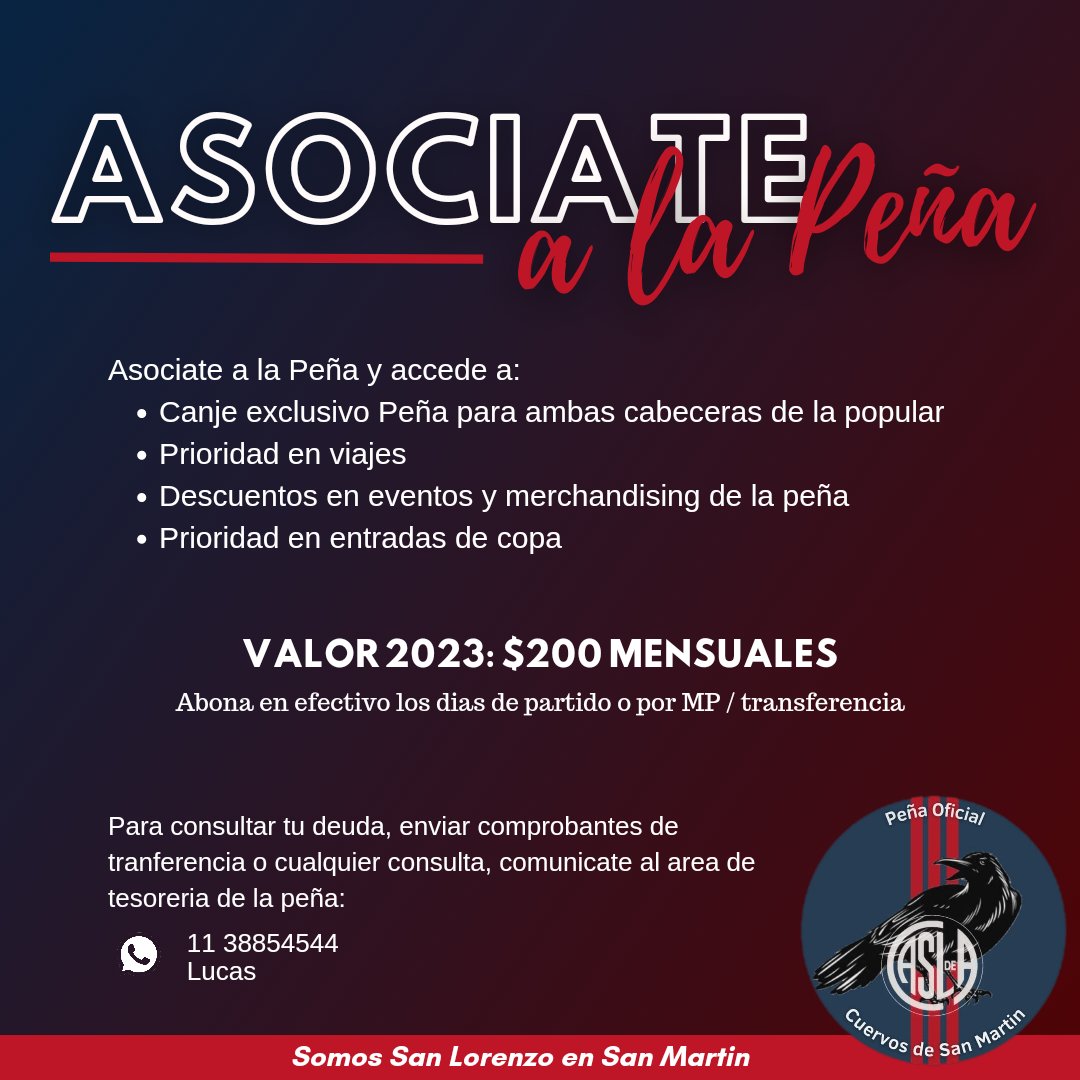 ASOCIATE A LA PEÑA❤️💙
Aprovecha los beneficios de ser parte del mundo Peñas

#CuervosdeSanMartin
#Masque90Minutos