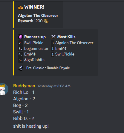 🎺🎺🎺The Battle for Captain of the City Guard Rages on 🎺🎺🎺
<a href="/AlgolonObserver/">Algolon the Observer {observer.algo}</a> 
<a href="/boganmeister/">boganmeister.voi</a> 
@AlgoRibbits 
Are all just 1 win away from seizing the title!