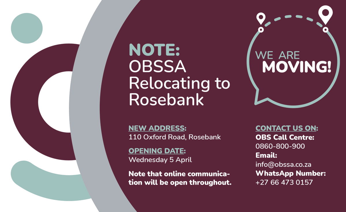 obssa_'s tweet photo. Please note that the OBSSA offices will be relocating.
New Address: 110 Oxford Road, Rosebank
Opening Date: Wednesday 5 April
Note that online communication will be open throughout.
Contact us on the details below.
#obssa https://t.co/rl2bcxNloG