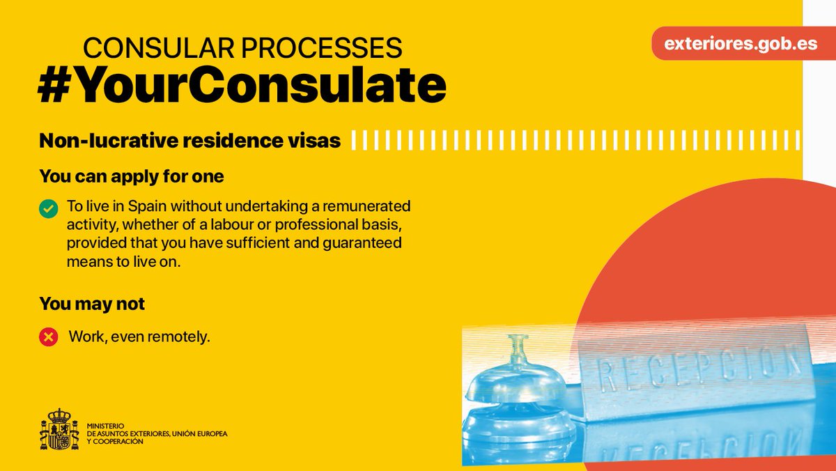 SpainMFA's tweet photo. If you need a visa to reside in Spain without carrying out a lucrative activity, check out #NonLucrativeResidenceVisas and verify what you can and cannot do at #YourConsulate.
All information available at https://t.co/1Ujl2Qr5PY https://t.co/jGWR8nITdy