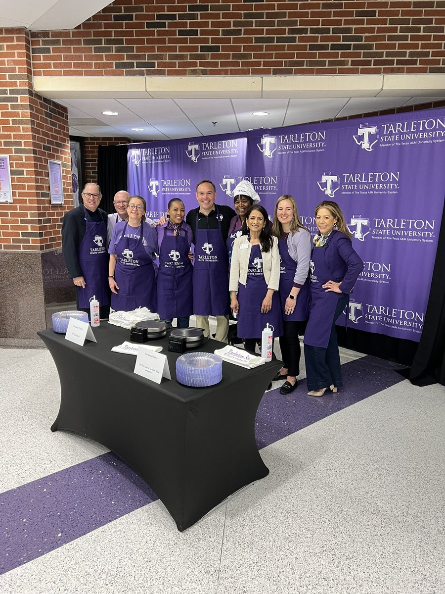 TarletonPrez's tweet photo. Waffle Wednesday with the best executive cabinet in higher education. Come out and grab some breakfast this morning! #waffles #BleedPurple https://t.co/p4Wry0M2f7