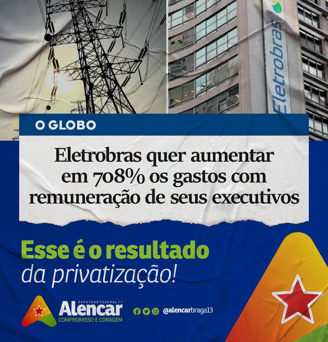 AlencarBraga13's tweet photo. Investimento para melhorar a infraestrutura? Revisão e manutenção de equipamentos? Melhoria no atendimento ao consumidor? Nada disso.

Prioridade da Eletrobras privatizada com base em fraude criminosa é aumentar em 708% o salário da cúpula mafiosa.
#ReestatizaEletrobrasJá https://t.co/0vrRjsoni8