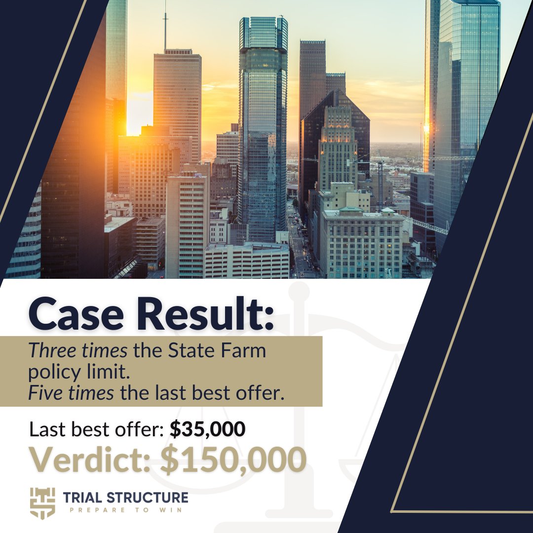 TrialStructure's tweet photo. Hard work and dedication pay off! Congratulations to Chuck Bennett for securing an outstanding verdict in a short trial. The jury's reaction was impressive, and the verdict was three times the policy limit! A true testament to the power of pure Trial Structure and excellent l ... https://t.co/gXfNO1s3nQ