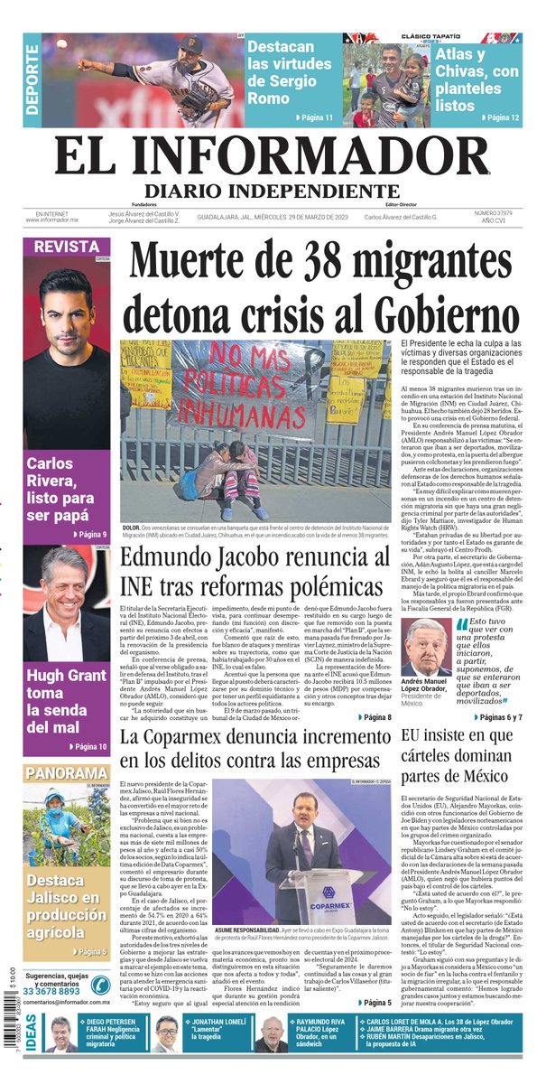 informador's tweet photo. ¡Buenos días a todos nuestros lectores!☕️
Les compartimos la #portada de nuestra edición impresa de este 29 de marzo del 2023. 📰

#LEE más aquí 👉🏻 https://t.co/kD8rvnMT4u https://t.co/VddP0RyeKD