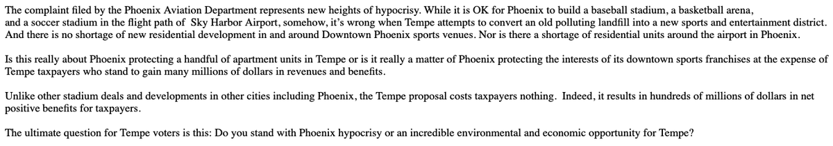NickBastianAZ's tweet photo. @PHXSkyHarbor You know the proposal is legal and complies with the IGA and the residentual use. You also know @Tempegov is perfectly capable of running our city. Stay in your own lane so that we can all get along and continue "protect" OURSELVES. #TempeWins https://t.co/JTuoXWIbsN