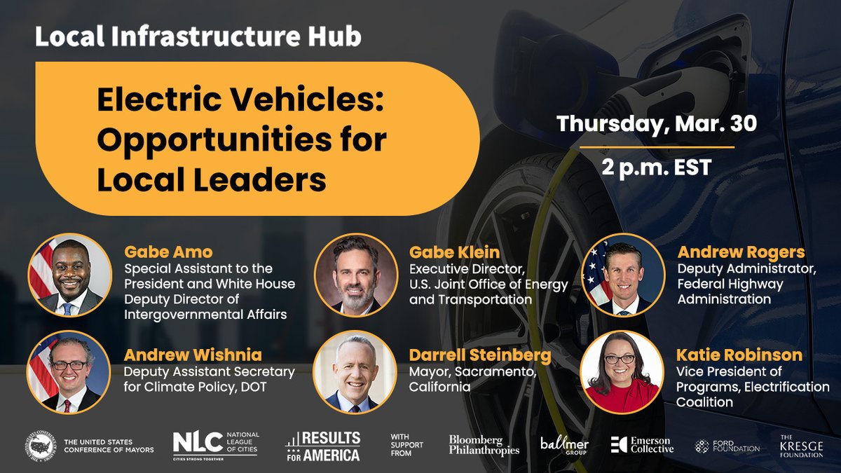 If you are a local leader interested in expanding access to electric vehicles, register to hear from <a href="/gabeamo/">Gabe Amo</a>, <a href="/gabe_klein/">Gabe Klein</a>, <a href="/USDOT/">U.S. Department of Transportation</a>, <a href="/Mayor_Steinberg/">@Darrell_Steinberg</a>, &amp; <a href="/ElectricRoadmap/">Electrification Coalition</a> at the Local Infrastructure Hub’s next webinar on 3/30! : ➡️ bit.ly/3JwMwcf