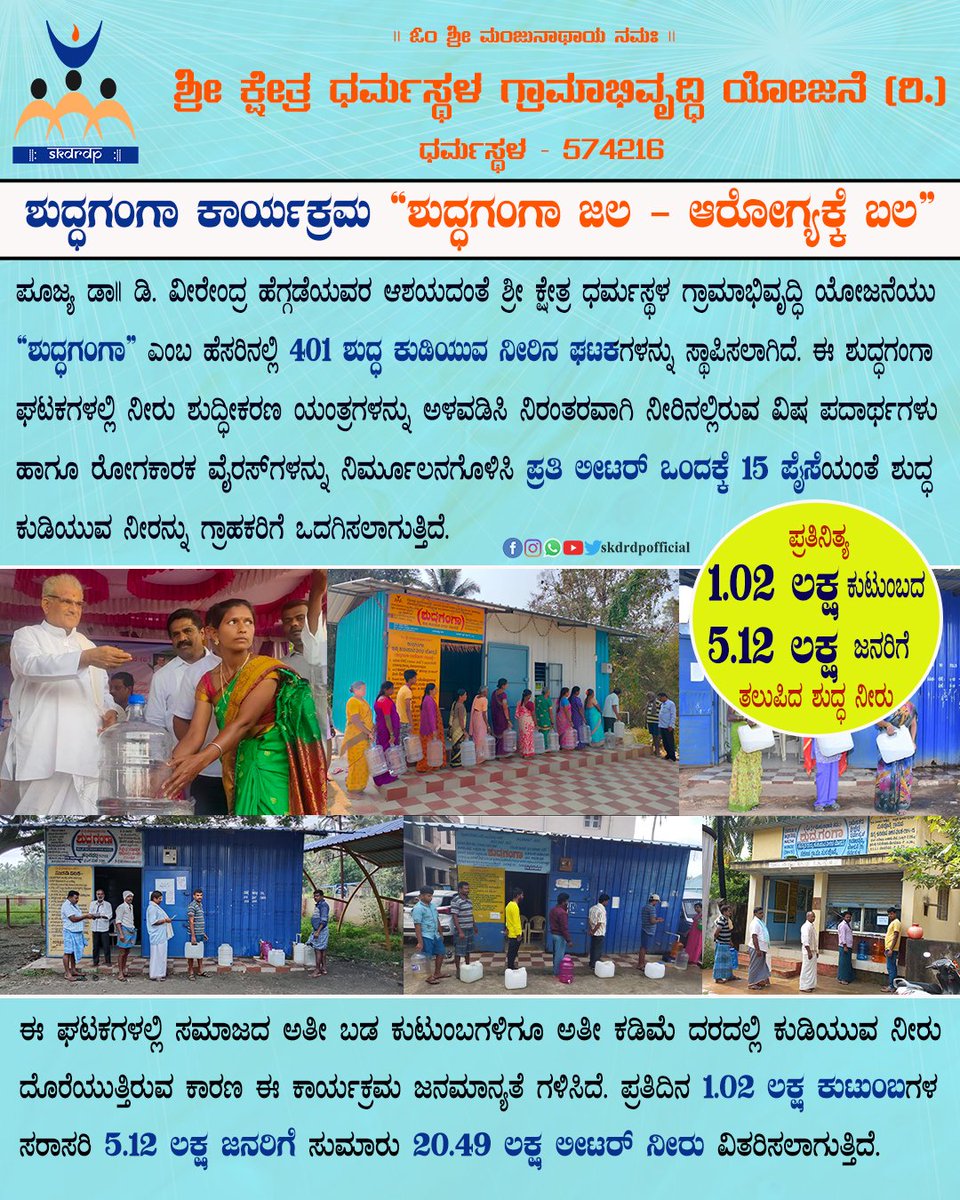 ದ್ಧಾಗಂಗಾ ಕಾರ್ಯಕ್ರಮದಡಿ ಕರ್ನಾಟಕ ರಾಜ್ಯದಲ್ಲಿ 401 ಶುದ್ಧ ಕುಡಿಯುವ
ನೀರಿನ ಘಟಕಗಳನ್ನು ಸ್ಥಾಪಿಸಲಾಗಿದೆ.

Sri Kshethra Dharmasthala Rural Development Project (SKDRDP) has installed 401 units in various parts of the state.

#skdrdp #shuddaganga #sridharmasthala #veerendraheggade #WaterUnit
