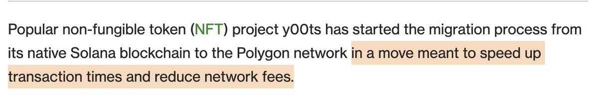 0xMert_'s tweet image. coindesk literally wrote that y00ts moved to polygon for lower fees and higher transactions speeds

the media is either beyond corrupt or beyond incompetent