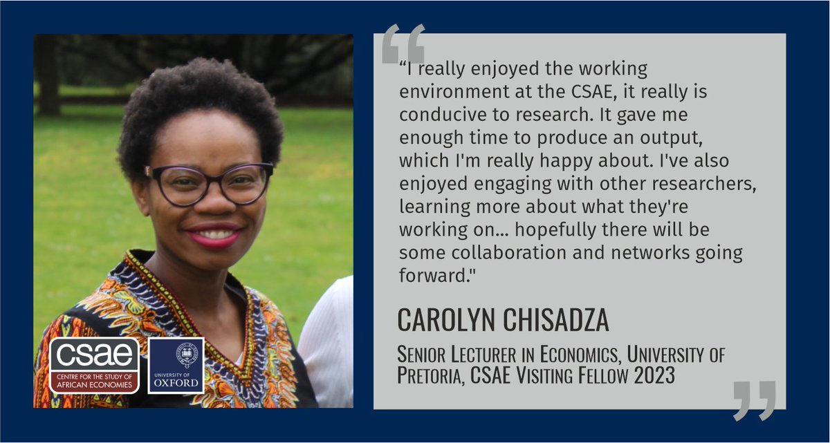 CSAE (@oxford_csae) on Twitter photo The CSAE Visiting Fellowship 2024 scheme is open! The scheme supports a residency in Oxford from January to March, including flights, accommodation, & a small stipend. Open to African scholars currently pursuing a career in #economics.
ℹ️ csae.ox.ac.uk/visiting-fello…
<a href="/OxfordEconDept/">Department of Economics, Oxford</a> The CSAE Visiting Fellowship 2024 scheme is open! The scheme supports a residency in Oxford from January to March, including flights, accommodation, & a small stipend. Open to African scholars currently pursuing a career in #economics.
ℹ️ csae.ox.ac.uk/visiting-fello…
<a href="/OxfordEconDept/">Department of Economics, Oxford</a>