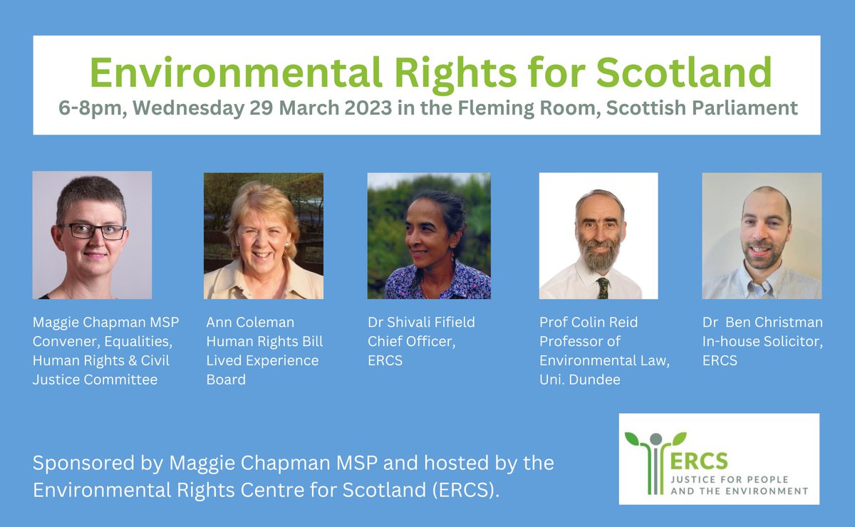 ERCScot's tweet photo. We are excited to be at @ScotParl later this evening hosting our first ever parliamentary event, 'Environmental Rights for Scotland' (sponsored by @MaggieChapman MSP).
We have some excellent speakers lined up, & will be live tweeting what they have to say. Tune in from 6! https://t.co/33YDI3ZLb6