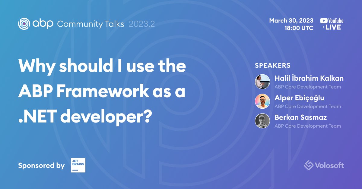 📆 Did you register to the new episode of #ABPCommunityTalks?
It will be about 'Why You Should Use the #ABPFramework as a #dotNET Developer'
🎁 Don't forget about the 3 @JetBrains dotUltimate & 2 ABP Commercial Personal License giveaway!
Register from 👉 hubs.li/Q01HqD850