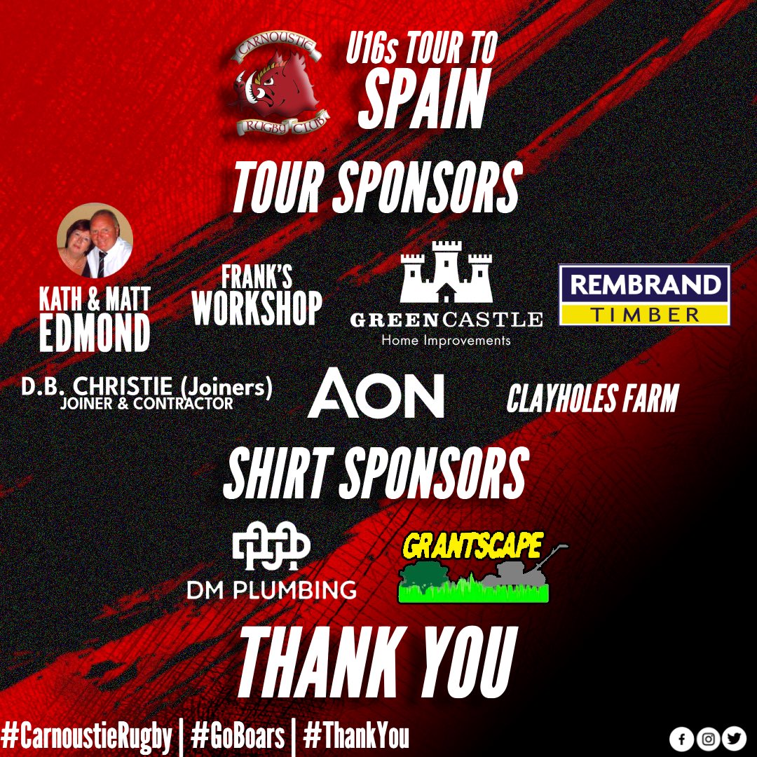 As our U16s gear up for their tour to Spain, we would like to take this opportunity to thank all of the sponsors and supporters in their contribution towards the funding of the tour! ❤️

Come on the Boars! 🐗

#CarnoustieRugby #GoBoars #BoarsFamily #ThankYou #ScottishRugby #Rugby
