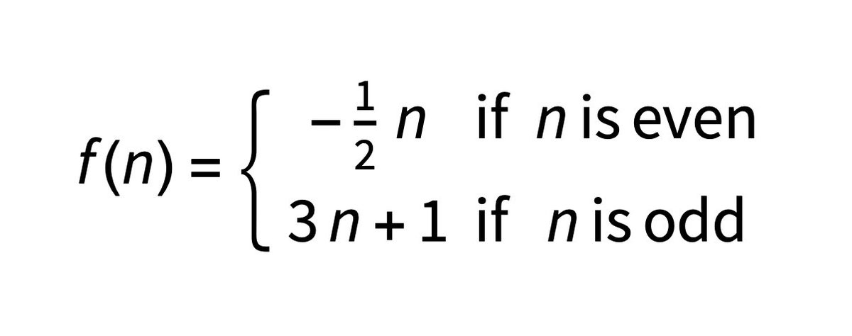 CmonMattTHINK's tweet photo. I've #nerdsniped myself with #Collatz yet again. 😑
I made a minor adjustment to the iterated function (see below), and I have a conjecture about it.
ALL NONZERO seed values—positive and negative—eventually yield 1. (One such sequence pictured)
#math #mathchat #maths #mathschat https://t.co/o7ybLxupWX
