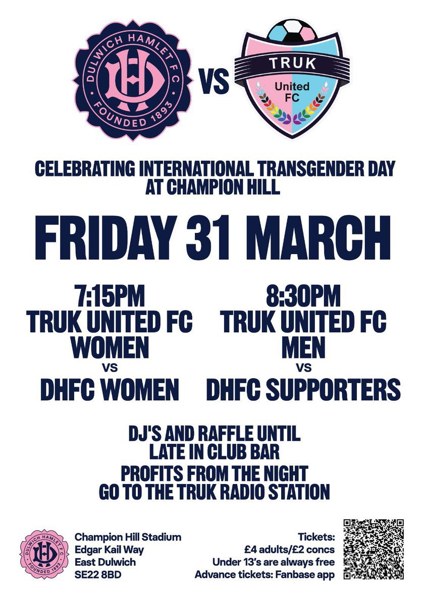 Friday Night Football live from Champion Hill

Back to back games - @Trukunitedfc women v @DHFC_W then @Trukunitedfc men v @DHFCSupporterXI

Support & raise money for @transradiouk 🏳️‍⚧️

bit.ly/40EHAaE

#fvt2023 #nofootballwithoutthet #tdov #TransDayOfVisibility #football