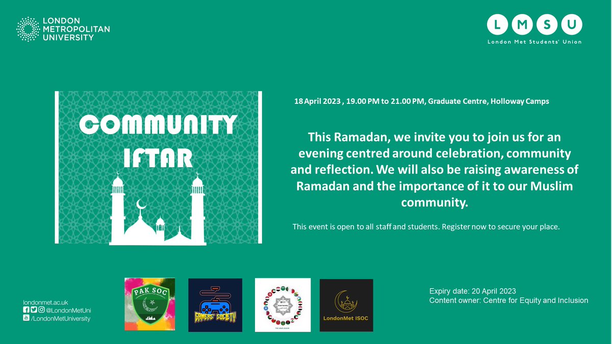 Centre for Equity and Inclusion (@londonmetequity) on Twitter photo This year, the Centre for Equity and Inclusion has been working closely with <a href="/LondonMetSU/">London Met Students’ Union</a> and students to organise our first Community Iftar, and it would be an honour to have you join us for this significant occasion.
eventbrite.co.uk/e/community-if… This year, the Centre for Equity and Inclusion has been working closely with <a href="/LondonMetSU/">London Met Students’ Union</a> and students to organise our first Community Iftar, and it would be an honour to have you join us for this significant occasion.
eventbrite.co.uk/e/community-if…