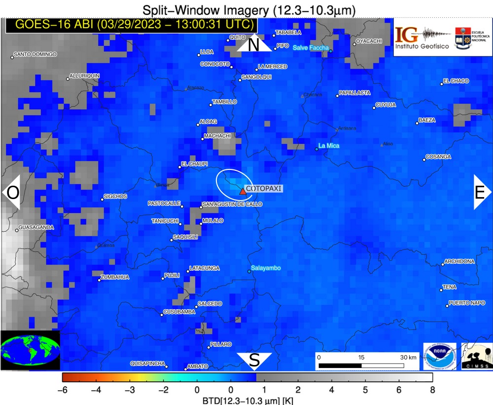 IGecuador's tweet photo. COTOPAXI para la COMUNIDAD
2023-03-29 08:35:00 TL
Observación: Mediante imagen satelitales se puede observar una emisión de ceniza. 
Altura de la nube = 500 msnc; Dirección: Nor-Oeste.
IG-EPN https://t.co/tm8X6Z4pDR