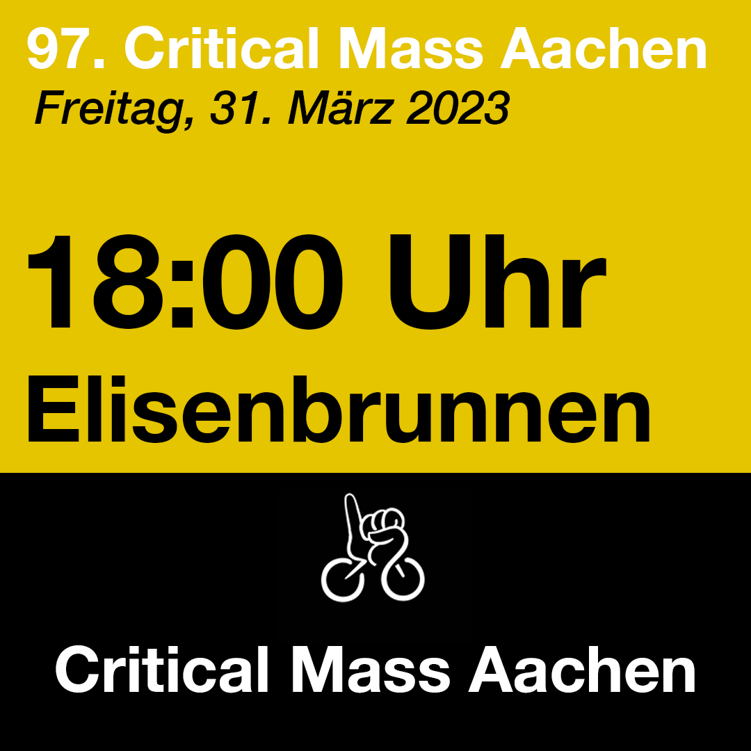 Endlich wieder Critical Mass bei Tageslicht!
Diesen Freitag. 18 Uhr. Elisenbrunnen.