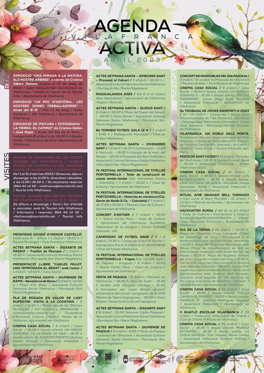 🤩 Durant el mes d'abril, a Vilafranca s'han preparat competicions esportives, reunions juvenils, concerts en directe, sessions de cinema, exposicions, visites guiades o la celebració del Dia de la Terra. 

👉 Tota l'agenda disponible en el cartell adjunt!