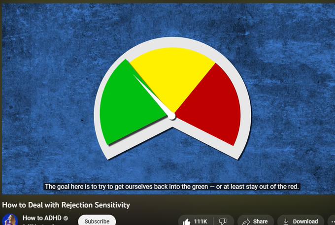 https://www.youtube.com/watch?v=jM3azhiOy5E
How to Deal with Rejection Sensitivity
1,793,521 views  26 Aug 2020  #ConnectionMatters
This is my most requested episode ever. Thanks to the support of my research team, creative team, professional consultants, and the fabulous Caroline Maguire, it's finally done :) Enjoy!!!
FREE PRINTABLE REFERENCE CARD: https://drive.google.com/file/d/1oncd...
(it fits great in a bullet journal, or fold it to stick in a wallet!)

CHECK OUT DANI'S COGNITIVE DISTORTIONS: 
https://www.adhddd.com/shop/the-faces...

GET CAROLINE'S BOOK: 
https://www.carolinemaguireauthor.com/

Caroline Maguire, M.Ed., ACCG, PCC founded and facilitates a comprehensive SEL training methodology (#ConnectionMatters) for adults, parents, clinicians and academic professionals on how to develop critical social, emotional and behavioral skills, in themselves and in others. Caroline’s book Why Will No One Play With Me?  is a playbook that includes foolproof scripts on how to communicate