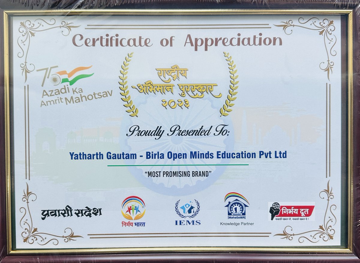 BirlaOpenMind's tweet photo. The awards of success inspires us to achieve more!

Mr. Yatharth Gautam, Director &amp; COO, Birla Open Minds was awarded the Bharat Abhimaan Puruskaar 2023 for our contributions to society and education. 

#awards #bharatabhimaanpurushkaar #education #BOM #Birlaopenminds https://t.co/L57LPW40to