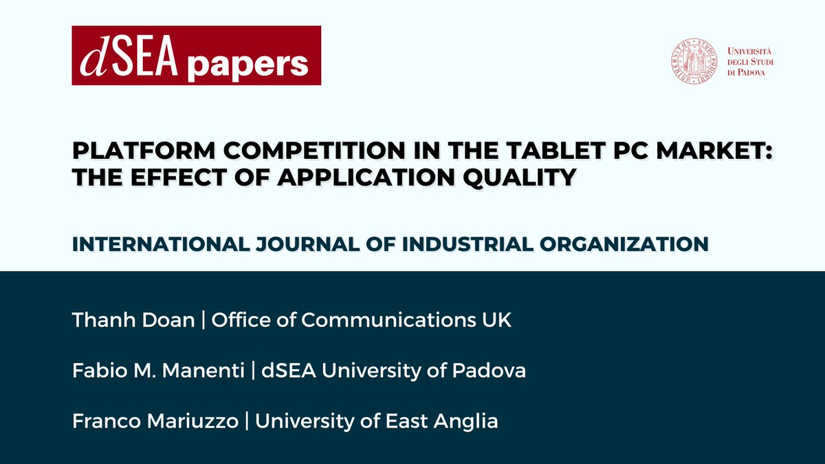 📌"Platform competition in the tablet PC market: The effect of application quality"  
This new #dseapapers, written by Thanh Doan, <a href="/manenti_/">fabio m. manenti</a> (<a href="/dSEA_Unipd/">dSEA Unipd</a>) &amp; Franco Mariuzzo, studies the impact of mobile application quality in the tablet PC market. 
unipd.link/Paper_Manenti_…