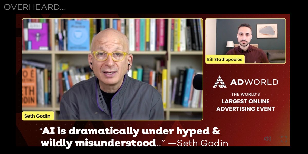 sigcomm's tweet image. “AI is dramatically under hyped &amp;amp; wildly misunderstood...” —Seth Godin opening session @AdWorldOfficial in inspiring conversation with @billstathi 
#AdWorld #AI #advertising #MarketingHero