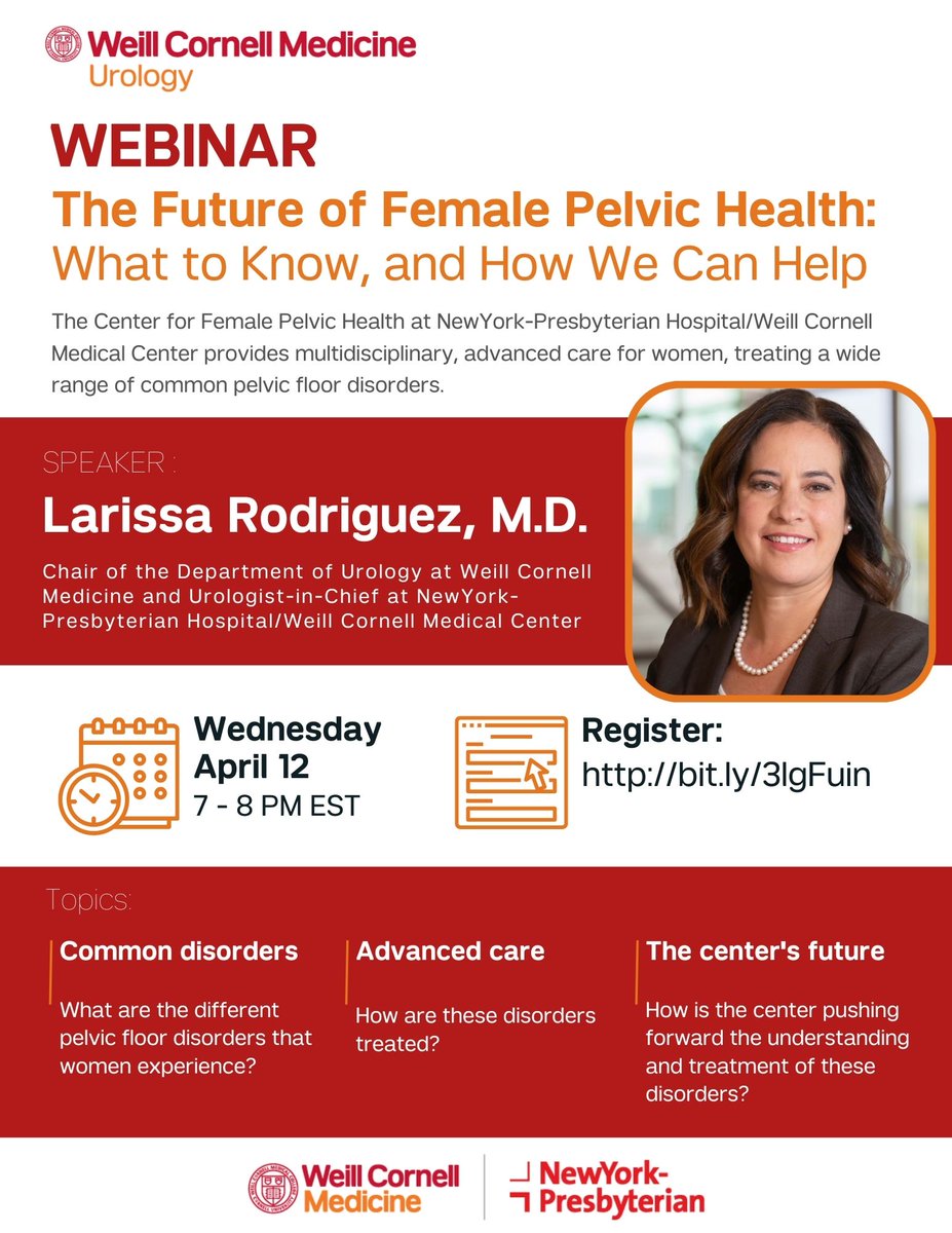 Weill Cornell Medicine Urology (@wcmurology) on Twitter photo Learn about your #pelvichealth!
Join an informative webinar with Dr. Larissa Rodriguez (<a href="/RodriguezMDUrol/">Dr.Larissa Rodriguez</a>) who will discuss female pelvic floor disorders and the advanced care provided at the Center for Female Pelvic Health.
When: 4/12, 7-8 PM
Register: bit.ly/3lgFuin Learn about your #pelvichealth!
Join an informative webinar with Dr. Larissa Rodriguez (<a href="/RodriguezMDUrol/">Dr.Larissa Rodriguez</a>) who will discuss female pelvic floor disorders and the advanced care provided at the Center for Female Pelvic Health.
When: 4/12, 7-8 PM
Register: bit.ly/3lgFuin