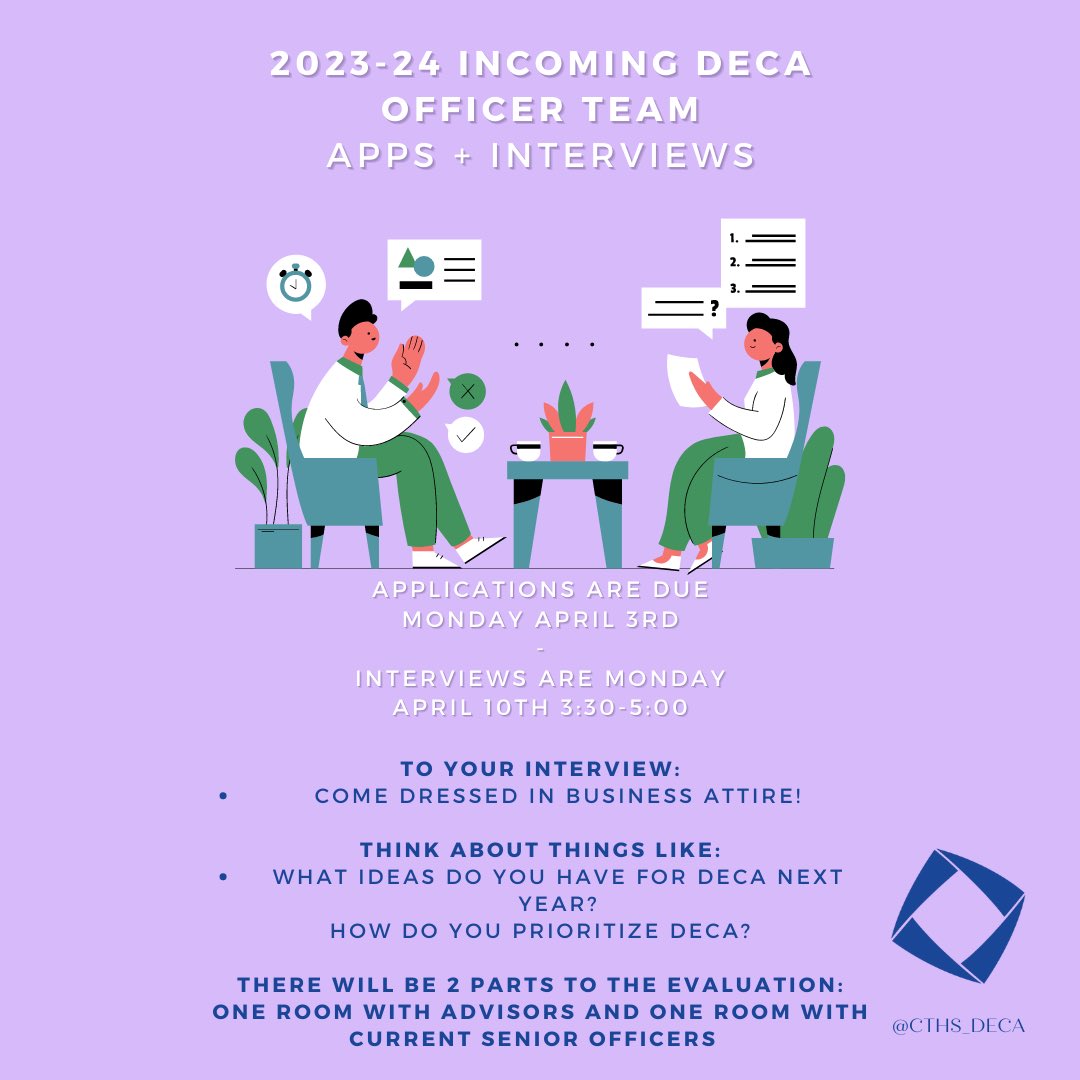 CT DECA Sophomores and Juniors! Want to step up to be an officer for next year? Applications are due next week, and interviews are the week after! Read the post above for more info 🔷