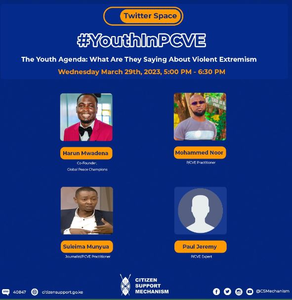 Global Peace Champions (@globalpeacecha3) on Twitter photo Today we are collaborating with <a href="/CSMechanism/">Citizen Support</a> & <a href="/NCTC_Kenya/">NCTC Kenya</a> to host a Twitter space on #YouthinPCVE. This session aims to understand the youth's perspectives on violent extremism & to advocate for their inclusion in PCVE efforts. Our Co-Founder <a href="/Mwadena003/">#ItsMwadena</a> will be representing us. Today we are collaborating with <a href="/CSMechanism/">Citizen Support</a> & <a href="/NCTC_Kenya/">NCTC Kenya</a> to host a Twitter space on #YouthinPCVE. This session aims to understand the youth's perspectives on violent extremism & to advocate for their inclusion in PCVE efforts. Our Co-Founder <a href="/Mwadena003/">#ItsMwadena</a> will be representing us.