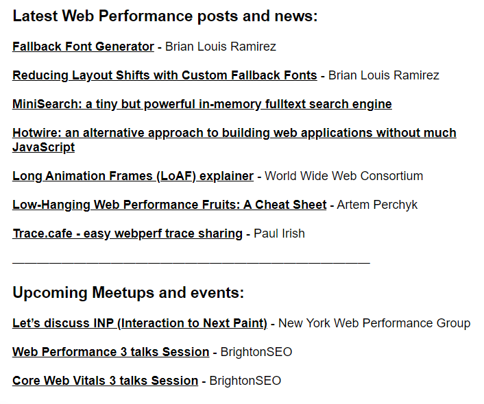 A new edition of my #webperf newsletter is just sent! Awesome posts from the community: @screenspan @lucaongaro @w3c @ChromiumDev @paul_irish @brightonseo A new section dedicated for #webperf related talks and meetups! Here is the link to subscribe bit.ly/3ekL8IG