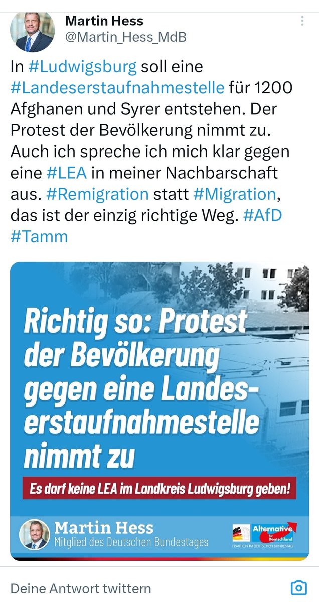 robertandreasch's tweet photo. Im württembergischen #Tamm (bei #Ludwigsburg) wollen heute abend hunderte Bürger_innen gegen eine geplante Unterkunft für Geflüchtete demonstrieren. Auch #AfD und Pandemieleugner_innen trommeln aggressiv in allen Kanälen für den rassistischen Auflauf. #Kaltland https://t.co/JqI6JhGpxF