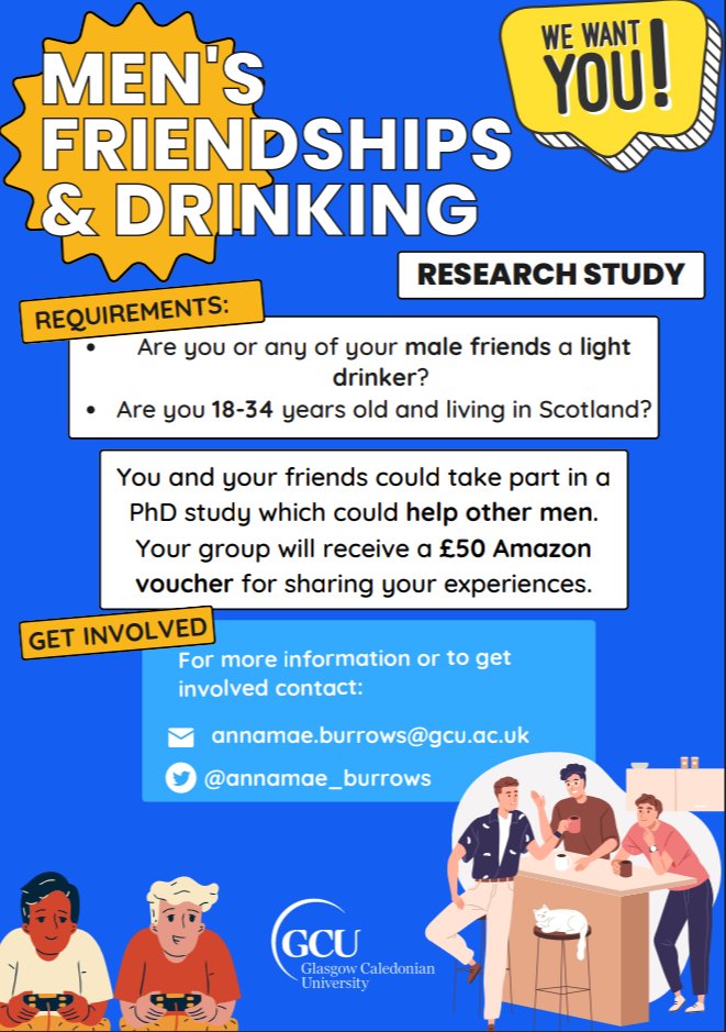 ⭐️ PARTICIPANTS WANTED⭐️
Hi everyone, I'm recruiting men aged 18-34 to take part in a study about men's friendships and drinking! If you or any of your friends are a light drinker and you would like to take part in research which might help other men please get in touch!