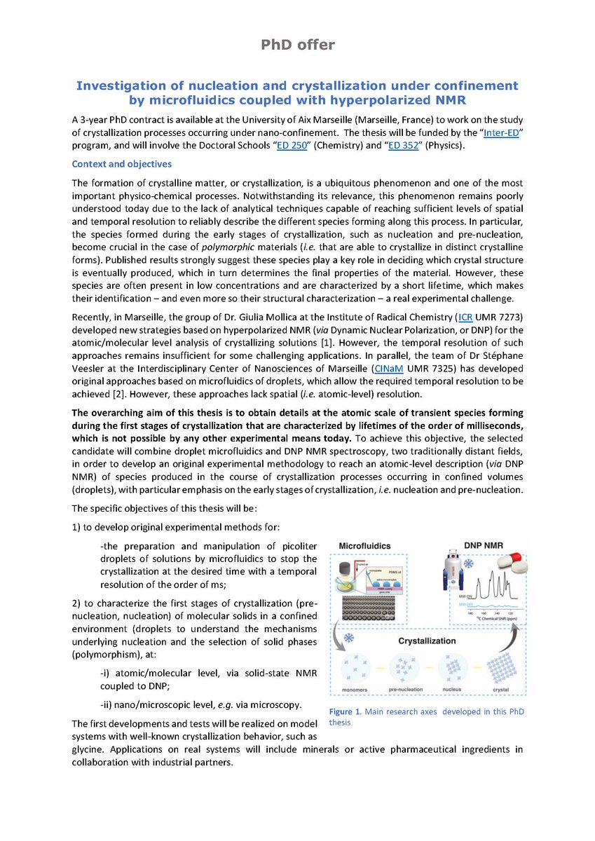 giuliamollica's tweet image. Hey NMR friends please RT! We have a PhD offer to work on a cool project combining MAS DNP and microfluidics for studying crystallization. #NMRchat #DNP #confinement #crystals #crystallization #microfluidics @IcrUmr7273 Offer description and application procedure below👇