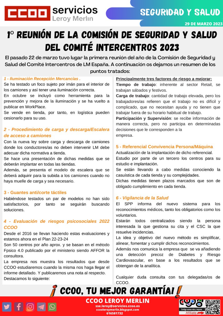 CCOOLeroy's tweet photo. 🔴 Nota informativa: Reunión de la Comisión de Seguridad y Salud de #LeroyMerlin #ccoo #salud
#
👇No te la pierdas https://t.co/yZbIFp6qZL