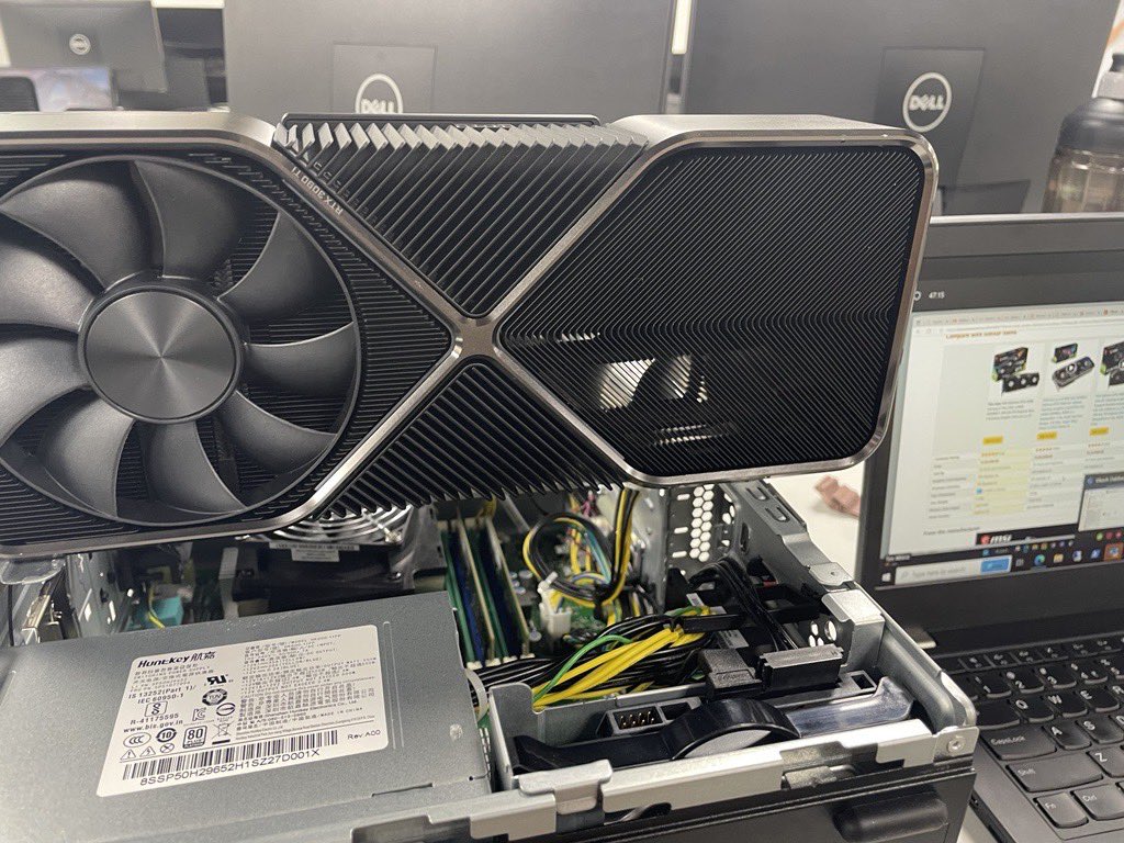 vmysla's tweet photo. Asked my IT to setup a physical machine with Nvidia RTX3090 TI for ML needs. My IT: Bad news Vlad the GPU above is a tad too long for the desktop we have https://t.co/JNTTUAGYaW