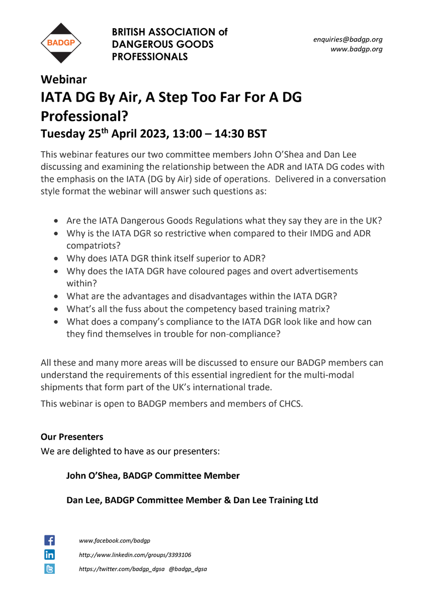 badgp_dgsa's tweet photo. ** New BADGP Webinar: "IATA By Air, A Step Too Far For A DG Professional?"
Tuesday 25th April 2023, 13:00 - 14:30 BST
To register for the webinar please visit: https://t.co/1AIaaggEZE
#iata #dangerousgoodsregulations #adr #transport #dgsa #dangerousgoods #badgp https://t.co/PnCWDYgPIk