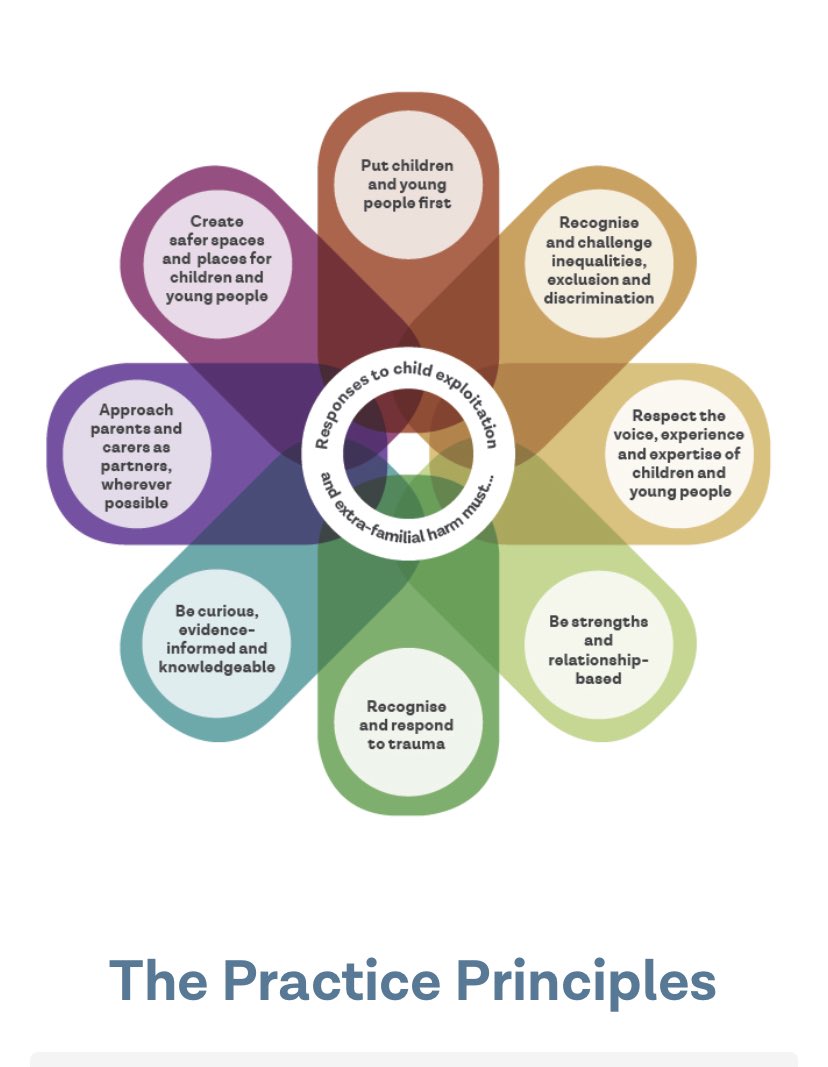 The multi-agency Practice Principles for responding to child exploitation + extra-familial harm are designed to support effective partnership working across different local contexts; providing a common language +framework to better respond to child exploitation <a href="/NHSsafeguarding/">NHSsafeguarding</a>
