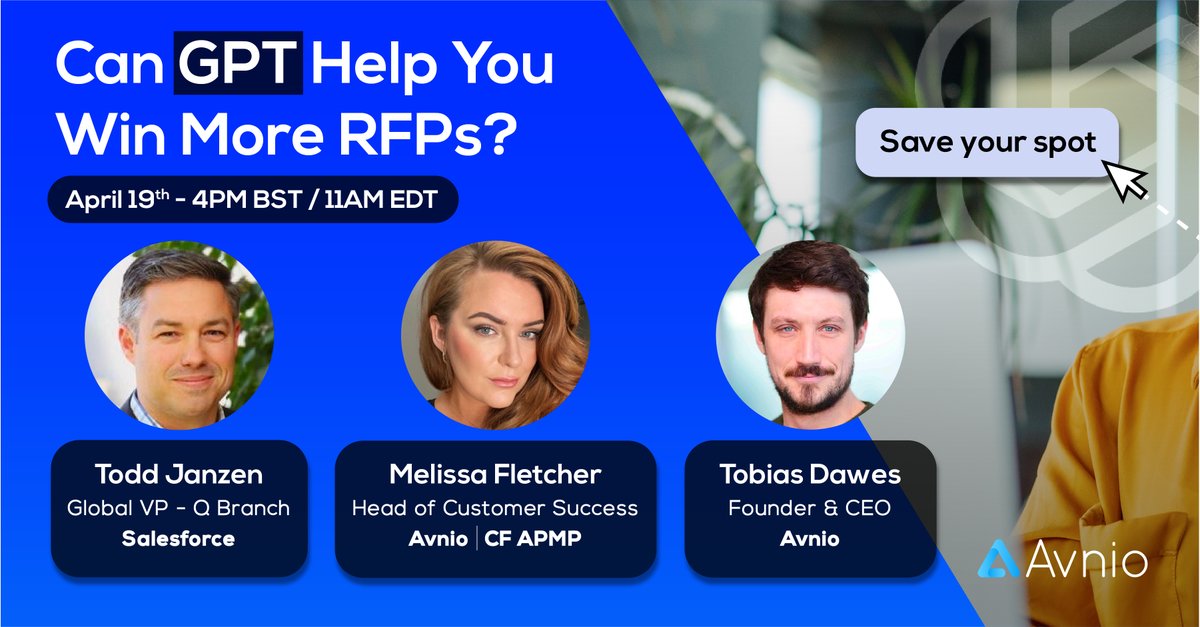 📣 🤯 Attention! We’re hosting a webinar exploring the future of RFPs and GPT technology. Save your spot! 

app.livestorm.co/avnio/can-gpt-…

Register to save your seat! 🎟️Link (Limited space available)

April 19th 4PM BST - 11AM EDT

#GPT #AI #RFP #Salesforce #BidManagement #APMP