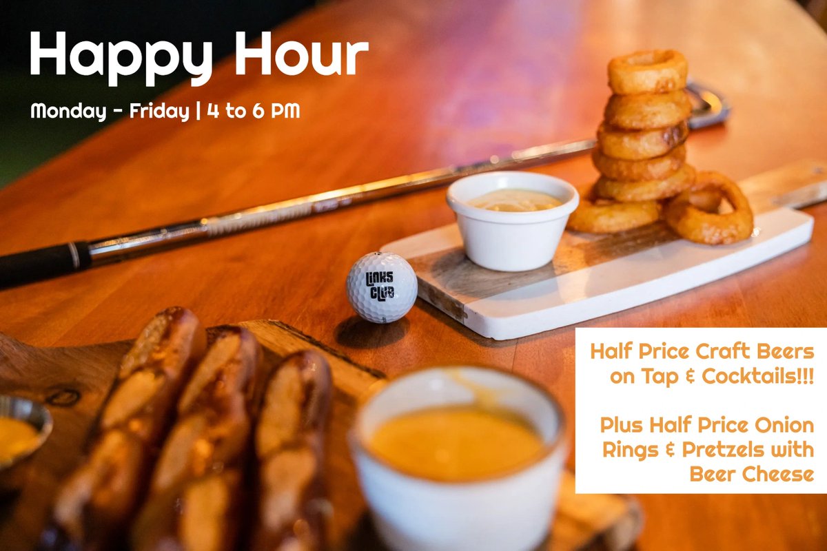 Fill up your cup without emptying your wallet! Join us for happy hour, and take half off craft beers on tap, cocktails, onion rings, and pretzels with beer cheese: linksclubgolf.com. #LinksClub #GolfSimulator #CarmelByTheSea #golf #IndoorGolf