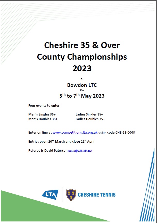 Don't forget to enter the Cheshire 35 &amp; Over County Championships taking place <a href="/BowdonLTC/">Bowdon LTC</a> Entries are open ➡️bit.ly/3lDyFHF