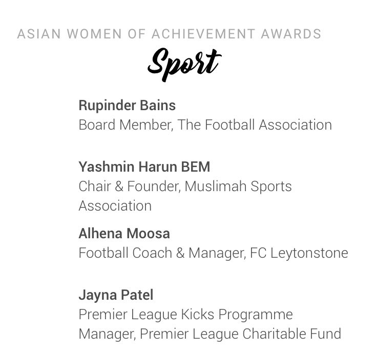 zuleikhachikh's tweet photo. Amazing to see familiar names on this year’s Asian Women of Achievement Awards shortlist! Congratulations all 
@rupinderbainsuk @MuslimahAsso @WolvesAddict @mimwalkerkhan 
⚽️🥳👏🏽

https://t.co/M11jSXsWJH https://t.co/J8dkM1vpi3