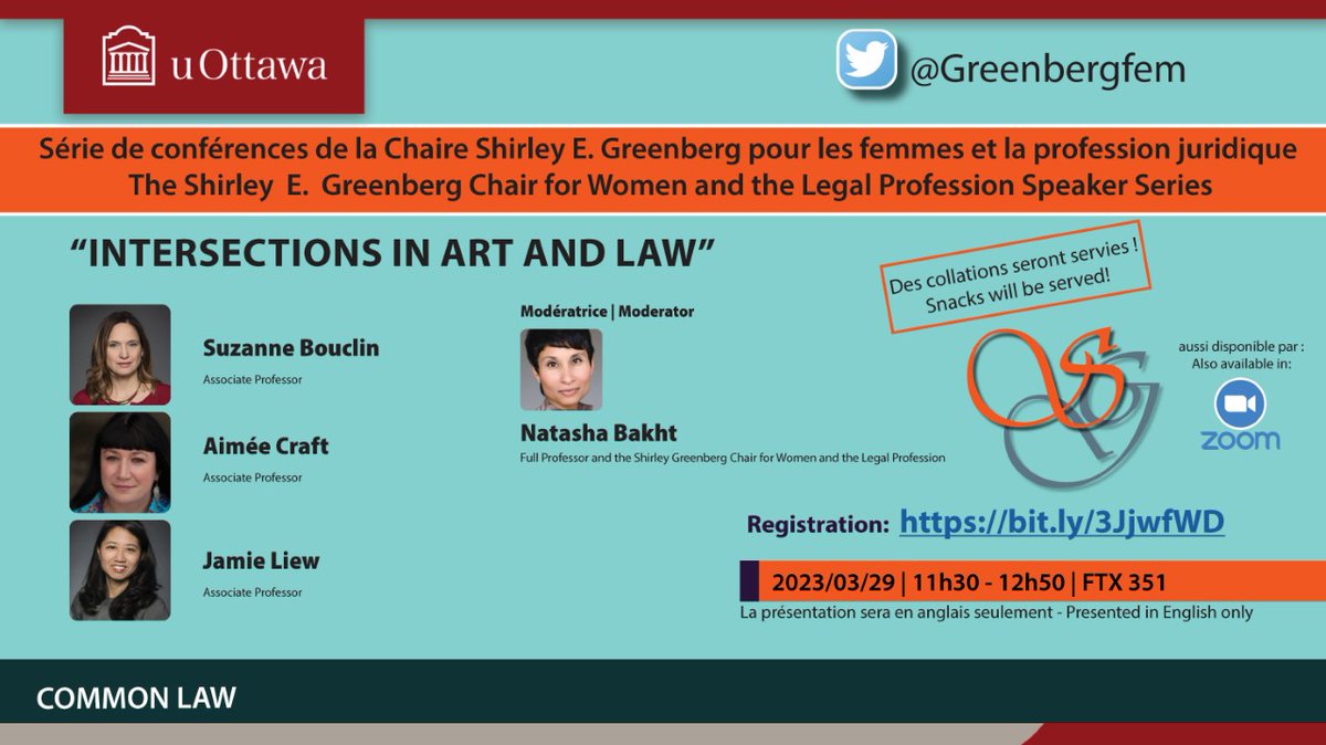 Greenbergfem's tweet image. Today! Three of our superstar feminist professors will discuss the connections and inspirations between art and law.

11h30-12h50. FTX 351. Food will be served.