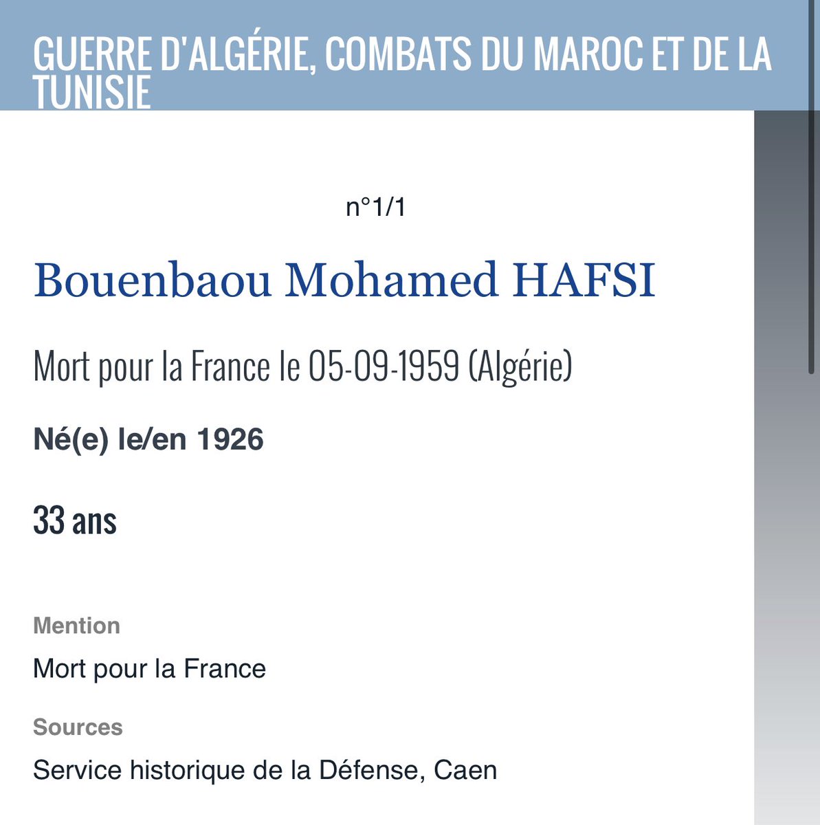 oufkir_mohammed's tweet photo. بن عبو محمد حفصي ولد في عنابة 1926 "حركي" حارب مع فرنسا في الجزائر و المغرب و تونس مات في 1959 فمن أجل فرنسا 

أحمد بن عمار حفصي :  جندي من الزواف ولد 1893 في بونة (عنابة حاليا) و مات من اجل فرنسا 1916

نزيد و لا بركة !؟ https://t.co/MDIdddgPHh