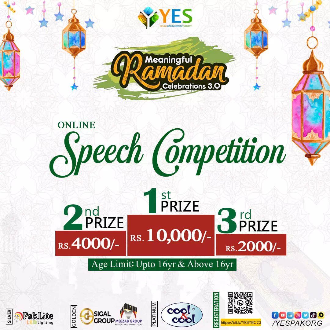 yespakorg's tweet photo. Youth Empowerment Society is organizing online speech competition under campaign of "Meaningful Ramadan celebrations, 3.0"

Perks for Winners:
1st:  Rs.10,000
2nd:Rs.4,000
3rd: Rs.2,000

Registration last date: 31-03-2023

Register here: https://t.co/X9Ab0GR8fg

#MRC #RAMADAN https://t.co/K6Zsf7gn52