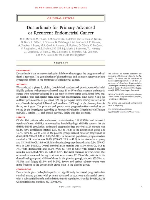 Page 1 of "Dostarlimab for Primary Advanced or Recurrent Endometrial Cancer" by Mirza et al.